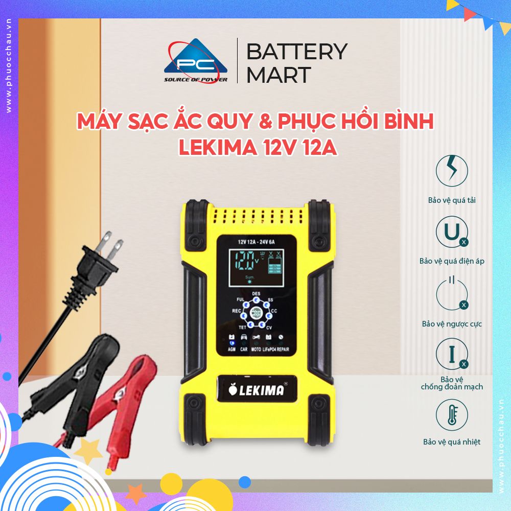 Máy Sạc Bình Ắc Quy LEKIMA 12V 12A - 24V 6A, Sạc Pin Lithium, Khử Sunfat, Sạc Ắc Quy Xe Máy Ô Tô Thông Minh Tự Ngắt Khi Đầy, MẪU MỚI 2021