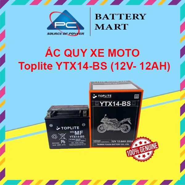 Ắc quy xe moto Toplite YTX14-BS/ YTX14L-BS 12V - 12AH, dùng cho  Harley Davidson, Ducati, Honda, BMW, Piaggio, Kawasaki,...