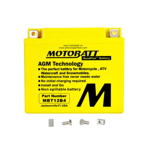 Ắc quy xe moto phân khối lớn MOTOBATT MBT12B4 12V - 11AH, thương hiệu của Mỹ, dùng cho xe  DUCATI, KAWASAKI, YAMAHA, TRIUMPH