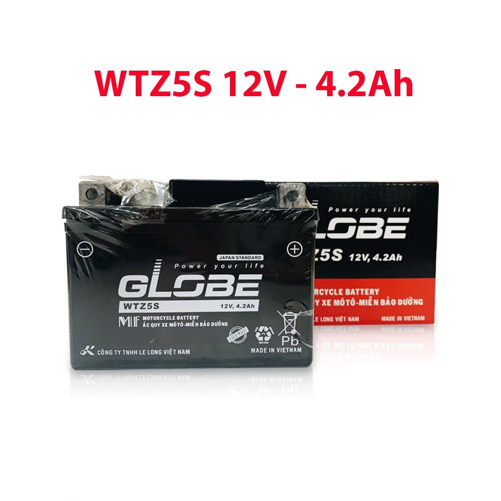 Bình Ắc Quy Khô WTZ5S 12V,4.2Ah / WTD4V 12V3.5Ah hiệu GLOBE Cho Xe WAVE RS100/ WAVE RS 110/ EXCITER 135/ AIRBLADE 110