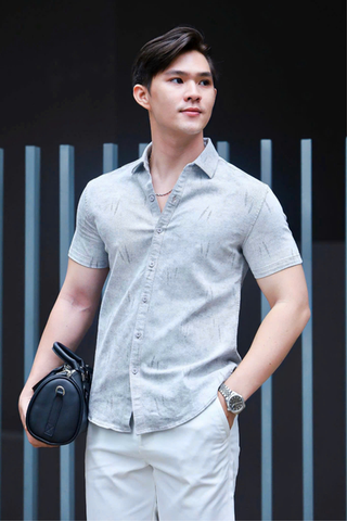 ÁO SƠ MI NAM TAY NGẮN XÁM NHẠT HỌA TIẾT