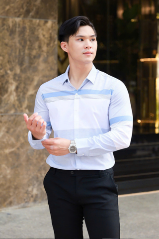 ÁO SƠ MI NAM TAY DÀI SỌC NGANG XANH T003697