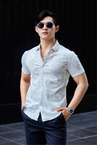 ÁO SƠ MI NAM TAY NGẮN XÁM ĐẬM HỌA TIẾT