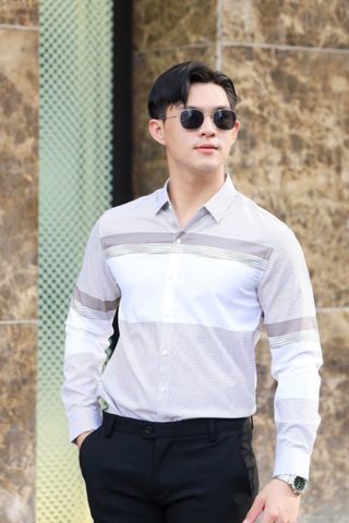 ÁO SƠ MI NAM TAY DÀI SỌC NGANG XÁM T003697