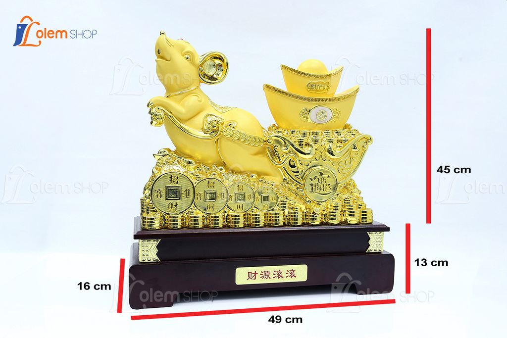 Tượng phong thủy Chuột kéo thỏi vàng xi 58 x 16 x 49 cm