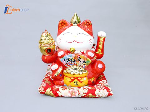 Tượng Mèo thần tài đỏ cầm rương vàng mang tiền tài