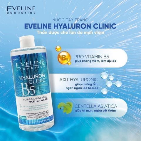 Tẩy Trang Eveline Hyaluronic Clinic Dưỡng Ẩm Da 500ml