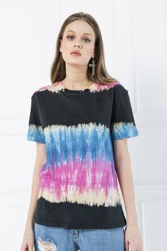 Áo thun tie dye sọc 3 màu đen xanh hồng