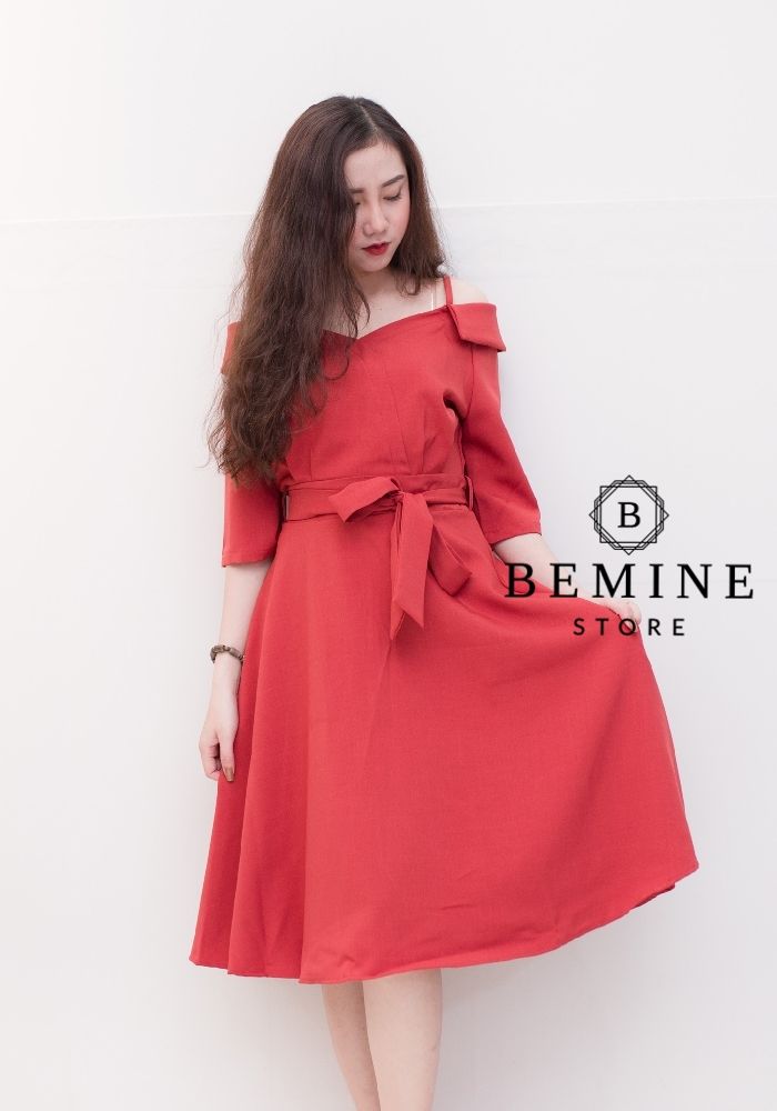 M467 - Đầm 2 dây bẹt vai cột eo - Gạch