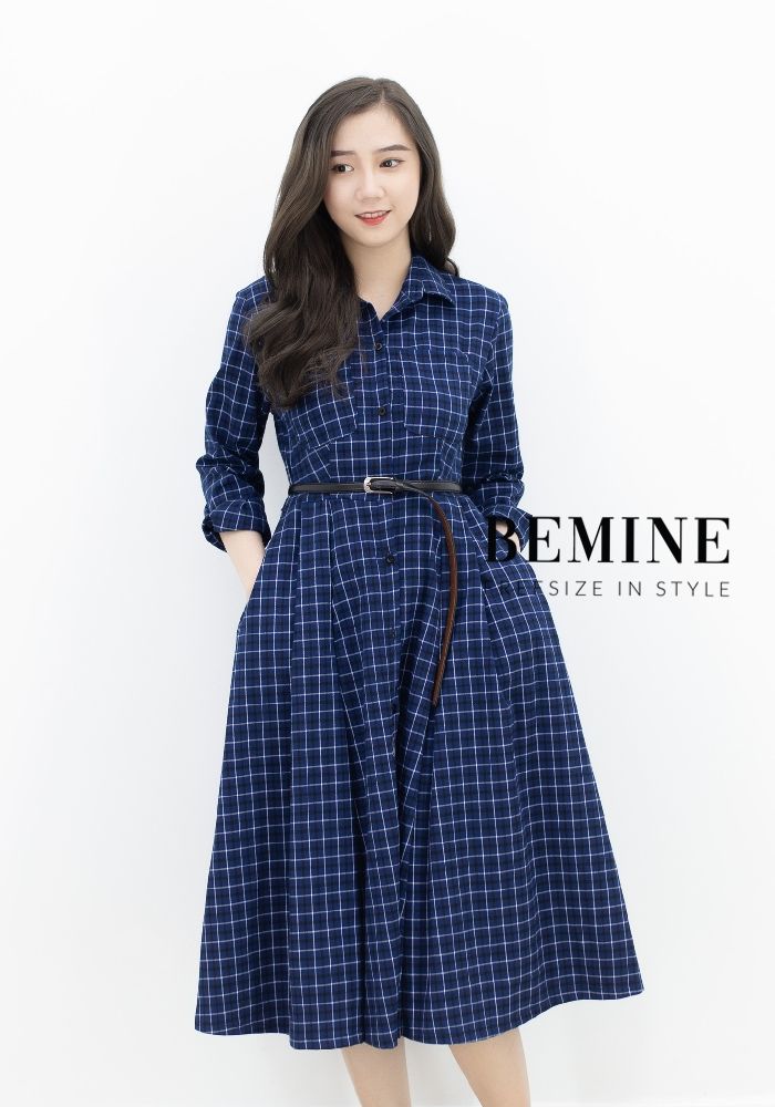M639 - Đầm caro 2 túi dây nịt eo - Xanh