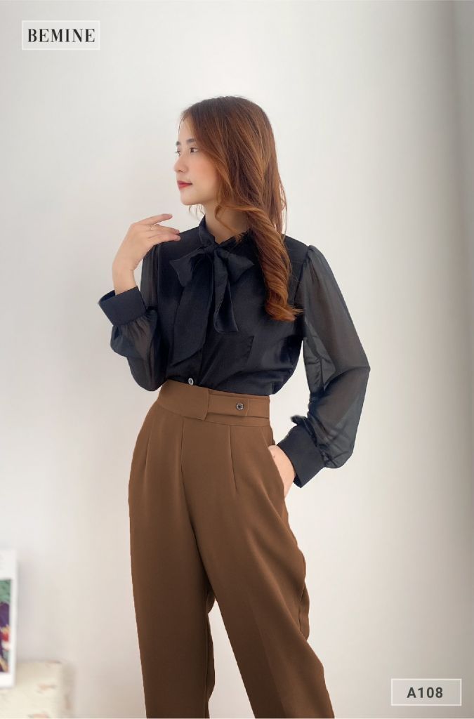 A108DEN - Áo tay phối nơ cổ