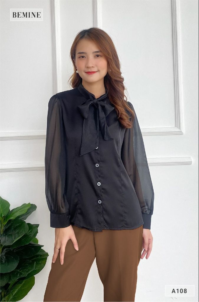A108DEN - Áo tay phối nơ cổ