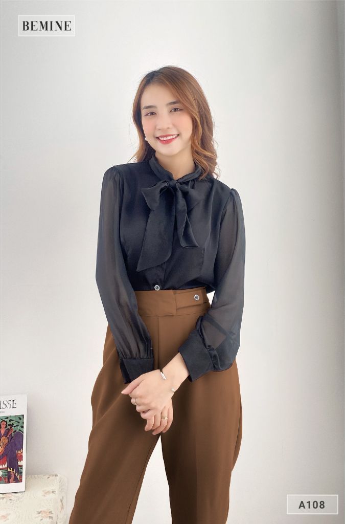 A108DEN - Áo tay phối nơ cổ