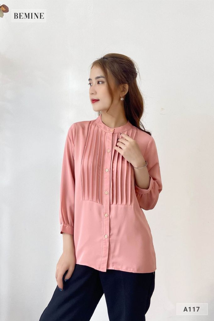 A117HONG - Aó sơ mi cổ trụ xếp ly