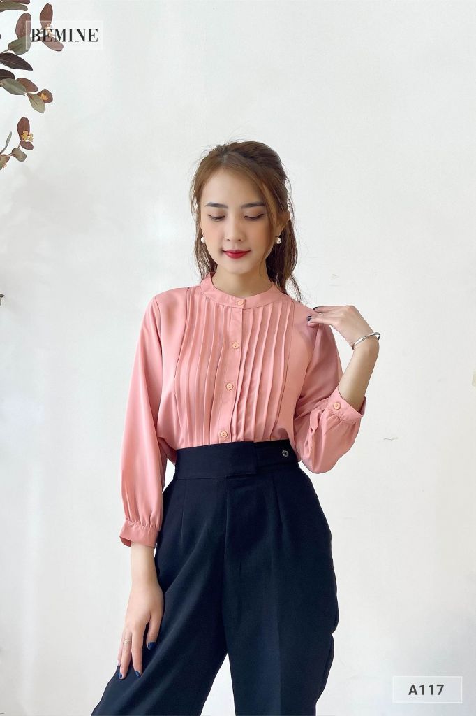 A117HONG - Aó sơ mi cổ trụ xếp ly