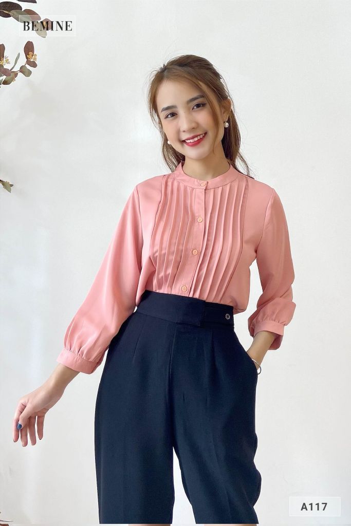 A117HONG - Aó sơ mi cổ trụ xếp ly