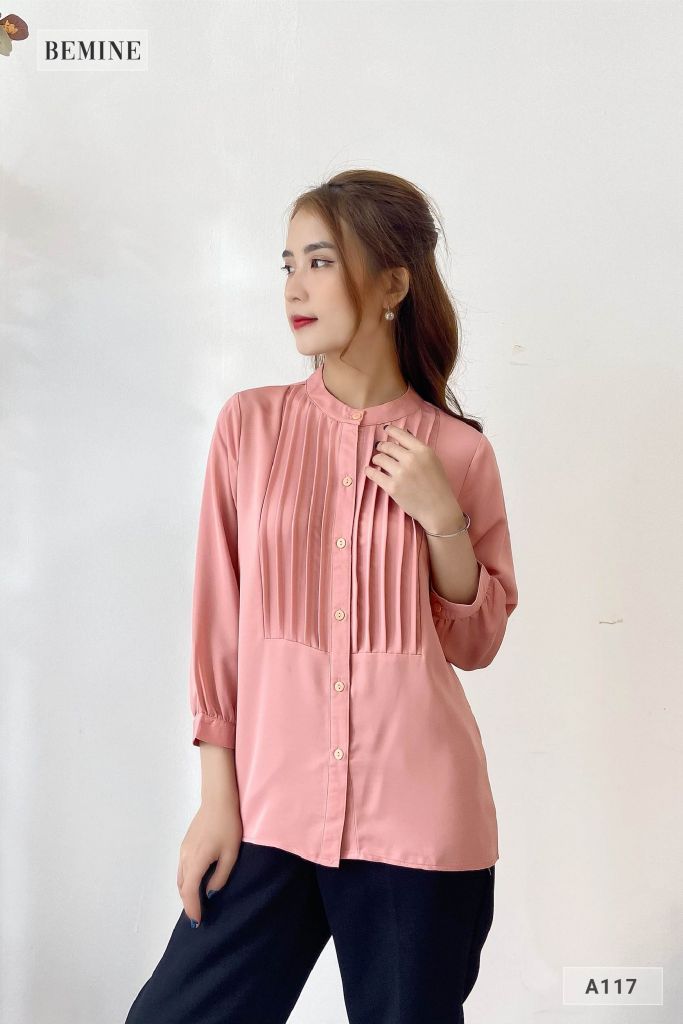 A117HONG - Aó sơ mi cổ trụ xếp ly