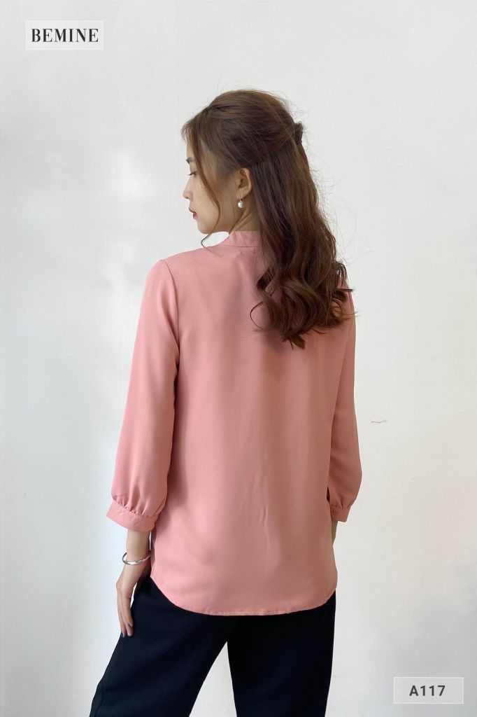 A117HONG - Aó sơ mi cổ trụ xếp ly