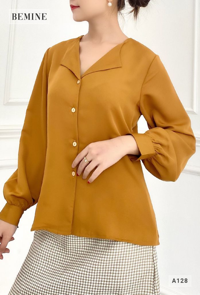 A128NAU - Áo sơ mi tay dài phồng cổ bẻ tim