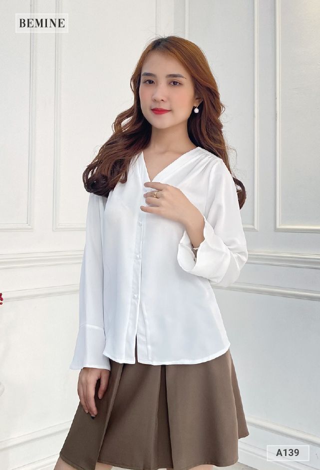 A139TRANG - Aó tay dài cổ tim nút ngọc trai