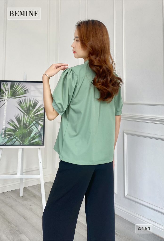 A151XANH - Áo sơ mi cổ trụ tay ngắn