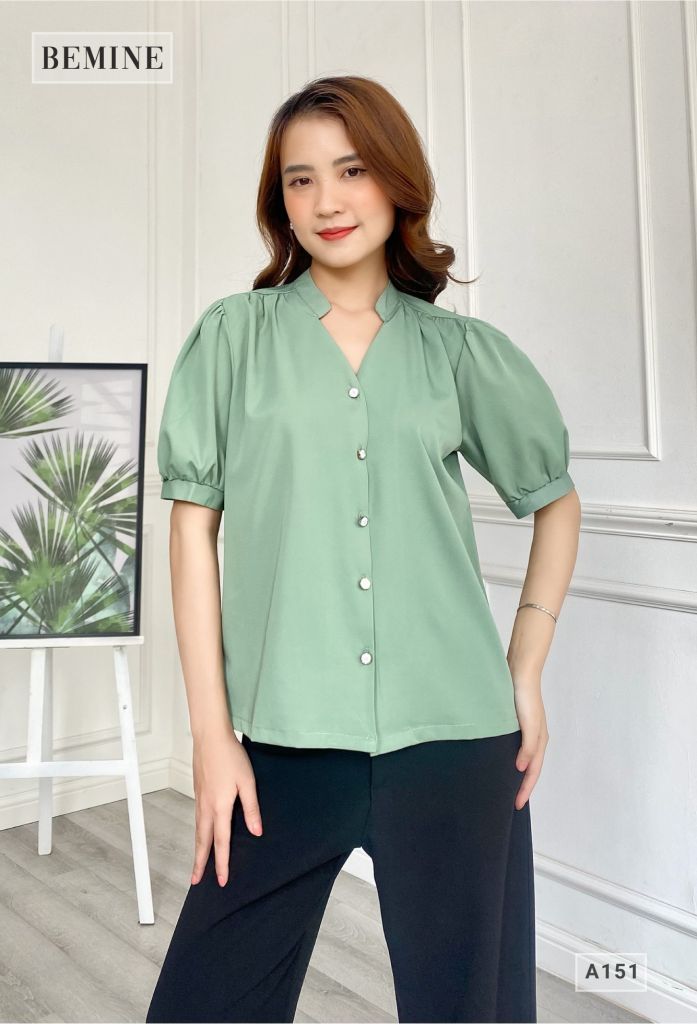 A151XANH - Áo sơ mi cổ trụ tay ngắn