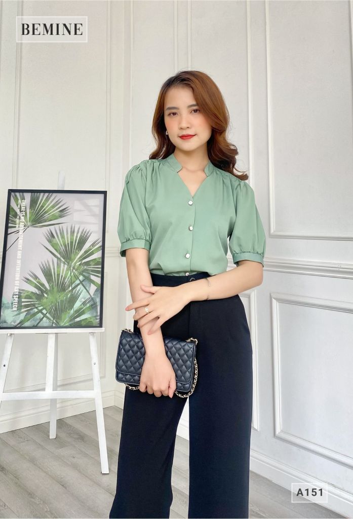A151XANH - Áo sơ mi cổ trụ tay ngắn