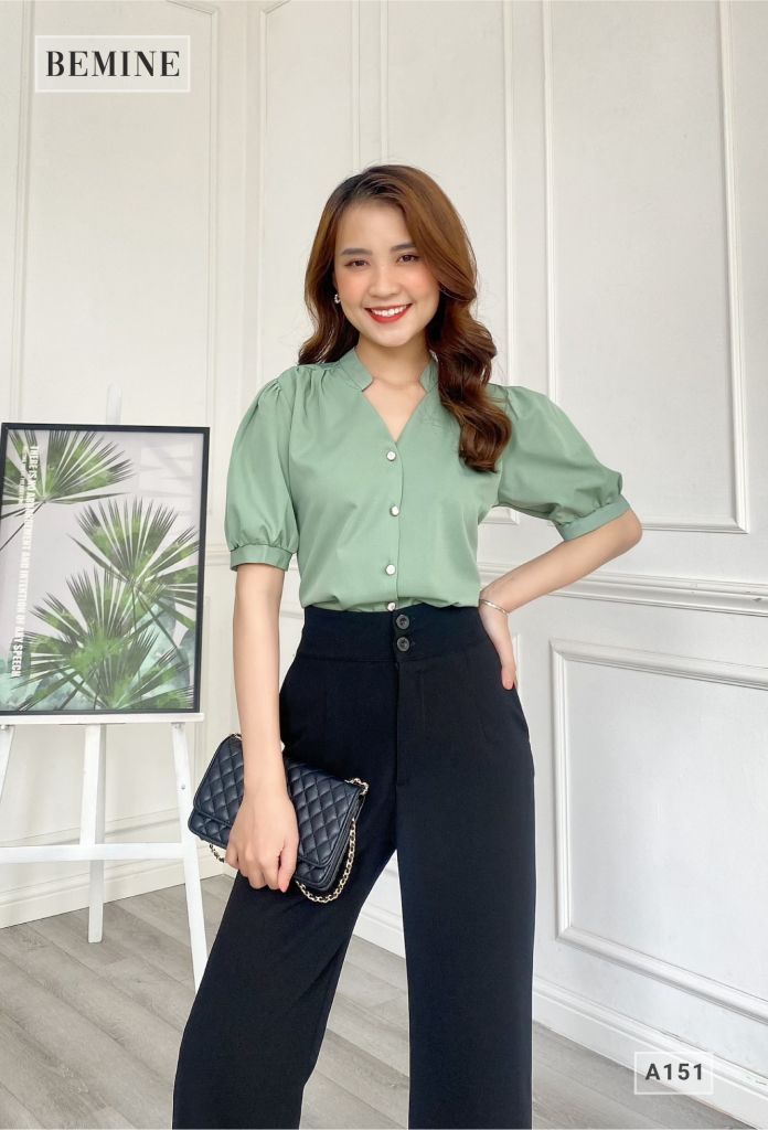 A151XANH - Áo sơ mi cổ trụ tay ngắn