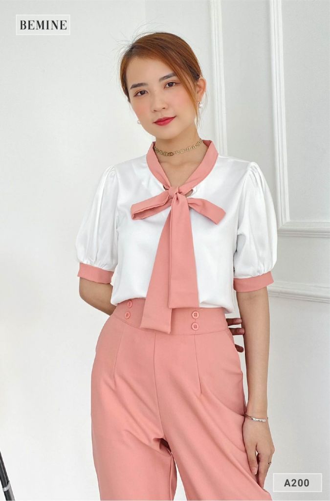 A200HONG - Áo cổ phối nơ