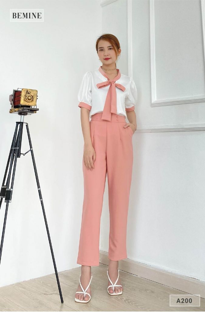 A200HONG - Áo cổ phối nơ