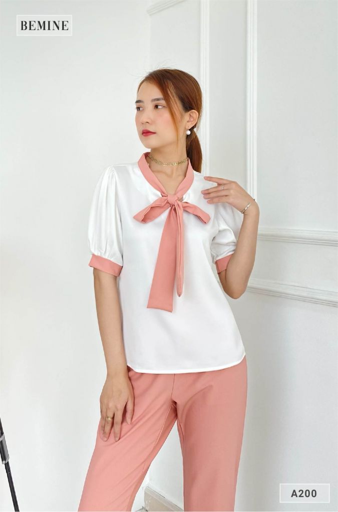 A200HONG - Áo cổ phối nơ