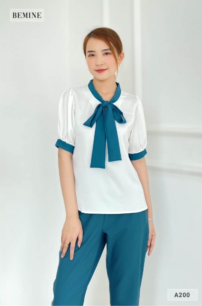 A200XANH - Áo cổ phối nơ