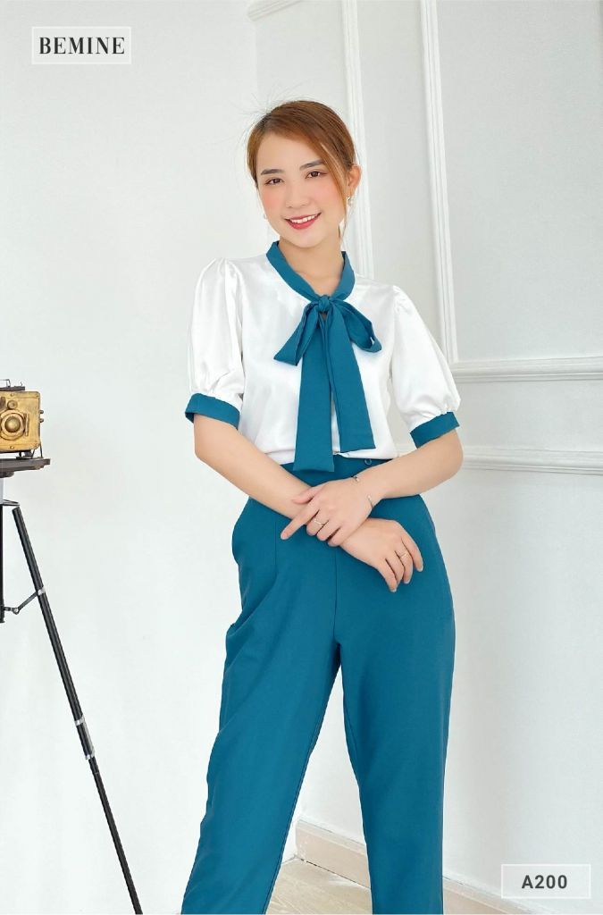 A200XANH - Áo cổ phối nơ