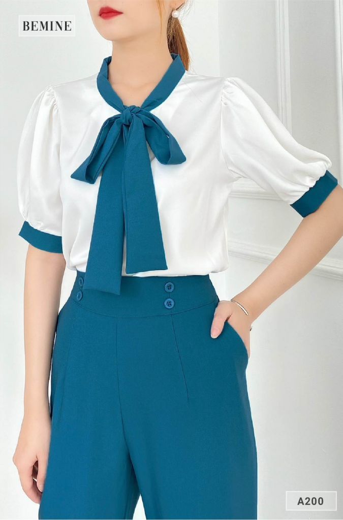 A200XANH - Áo cổ phối nơ
