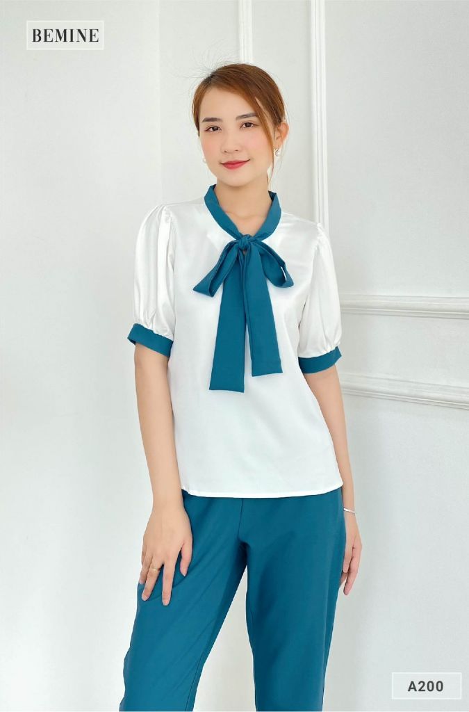 A200XANH - Áo cổ phối nơ
