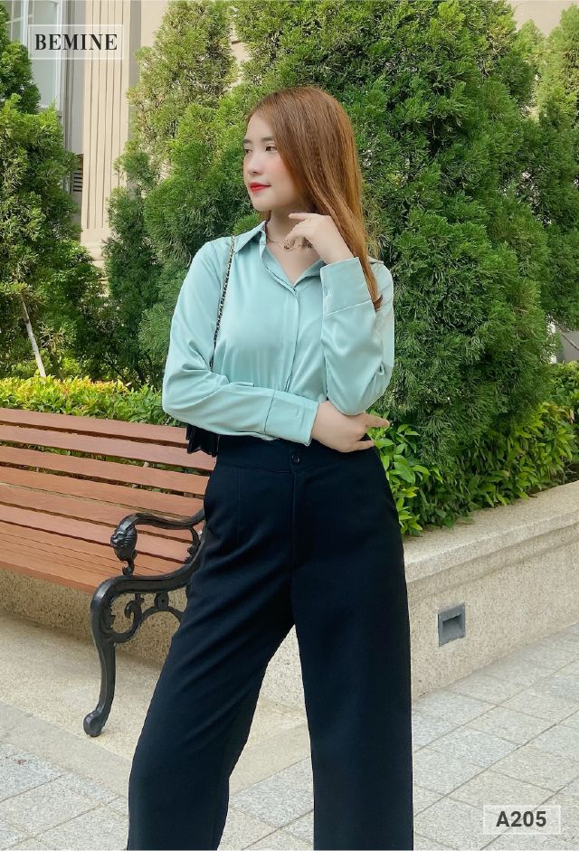 A205XANHMINT - Aó sơ mi basic tay bảng to