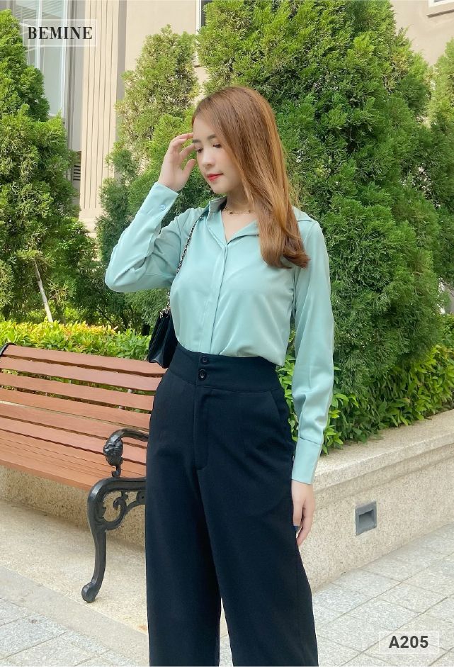 A205XANHMINT - Aó sơ mi basic tay bảng to