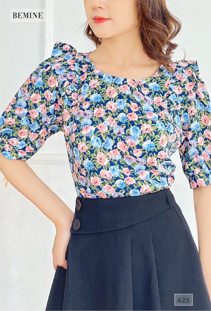 A25XANH - Áo hoa cổ tròn xếp ly