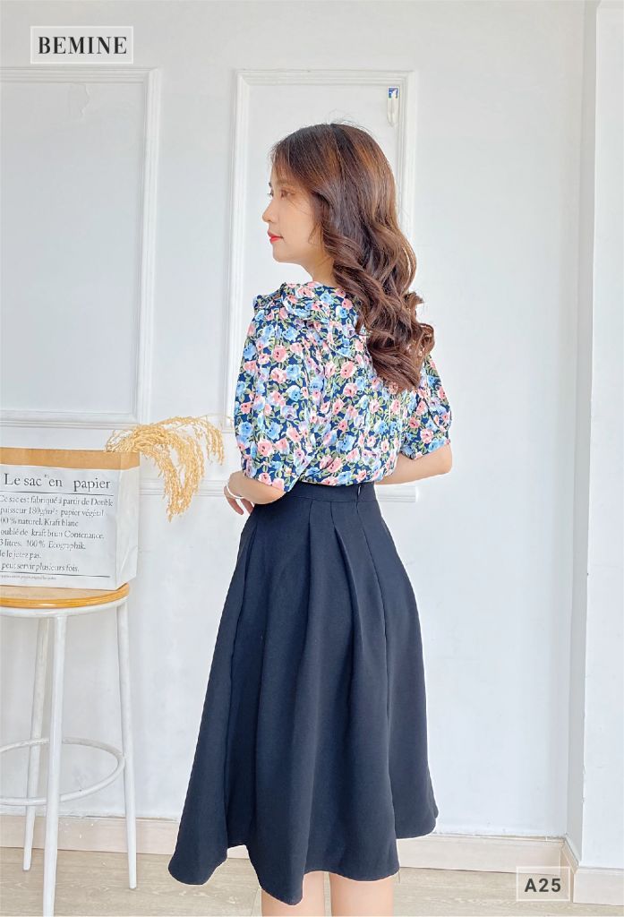 A25XANH - Áo hoa cổ tròn xếp ly