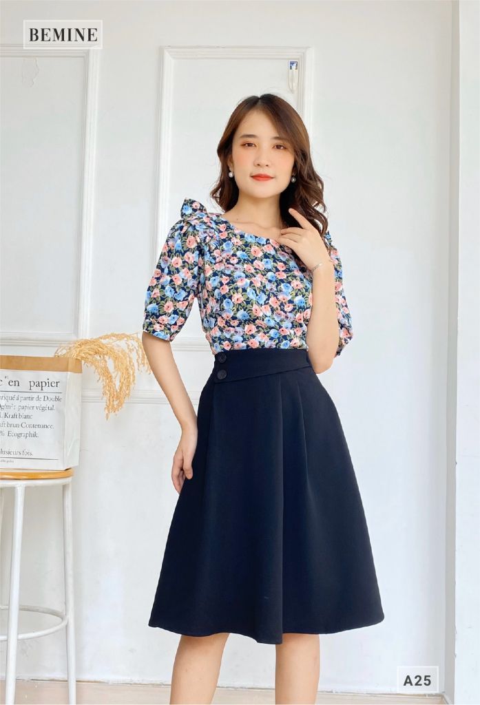 A25XANH - Áo hoa cổ tròn xếp ly