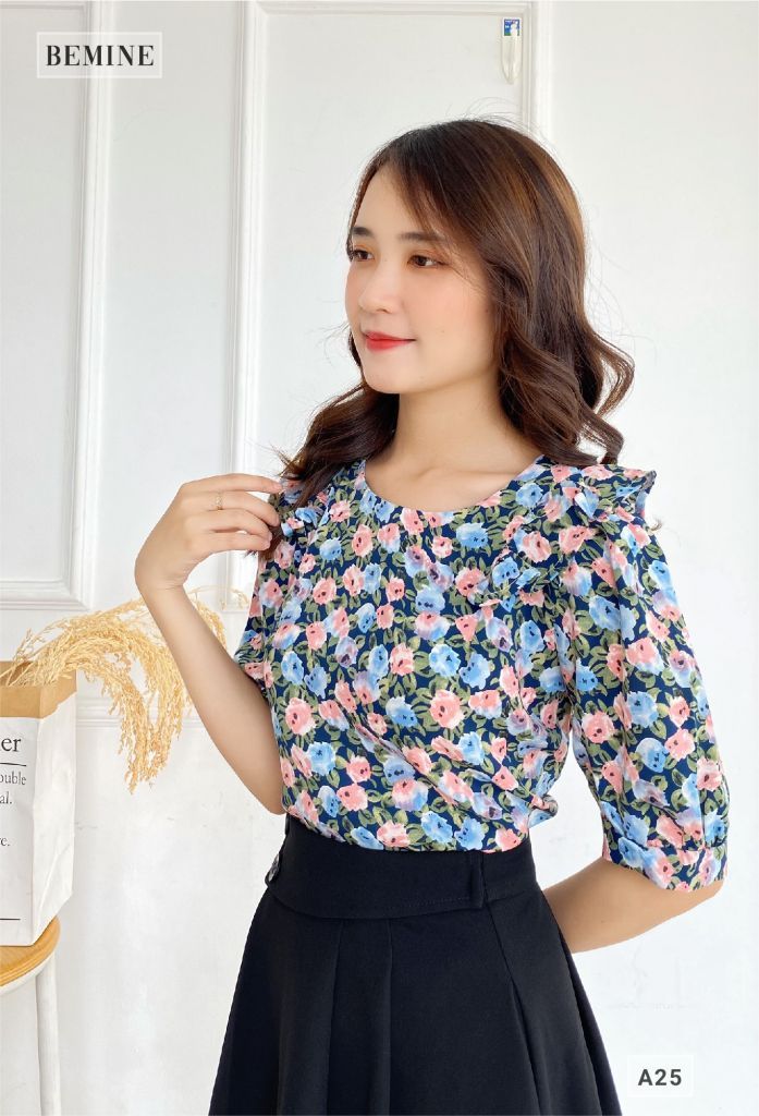 A25XANH - Áo hoa cổ tròn xếp ly
