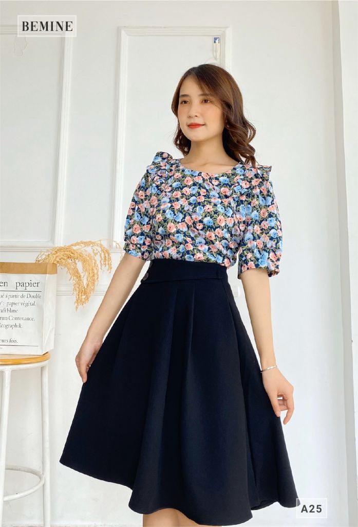 A25XANH - Áo hoa cổ tròn xếp ly