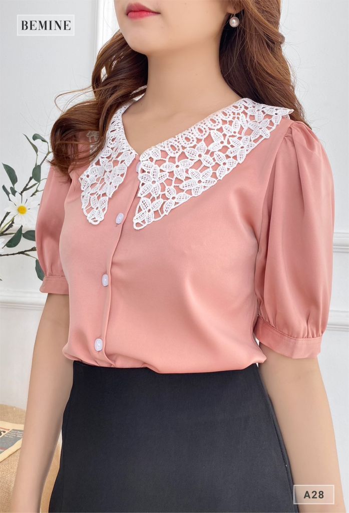 A28HONG - Áo cổ ren nút dọc