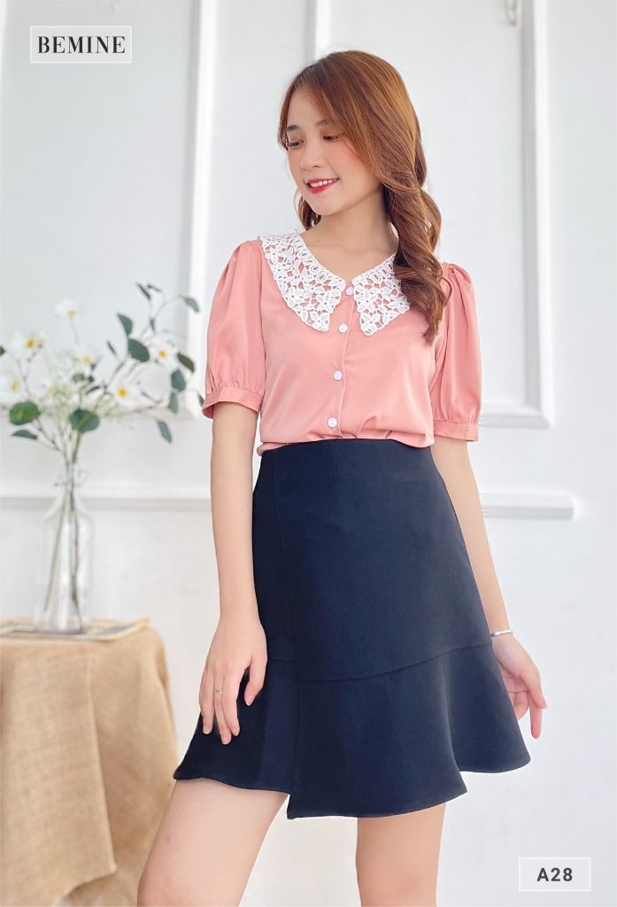 A28HONG - Áo cổ ren nút dọc