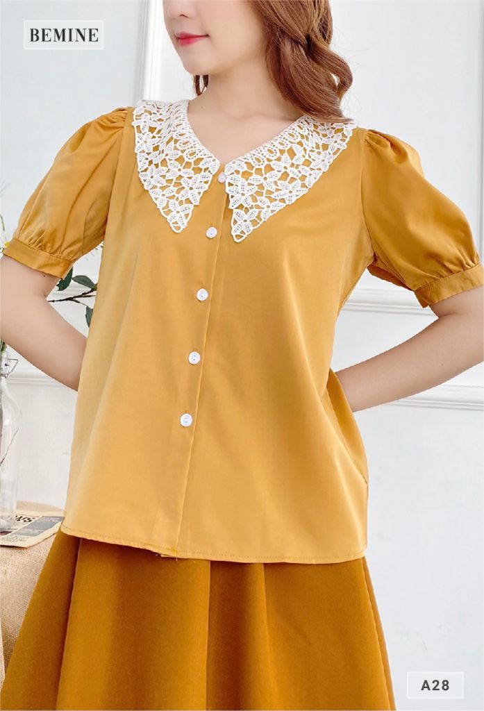 A28VANG - Áo cổ ren nút dọc