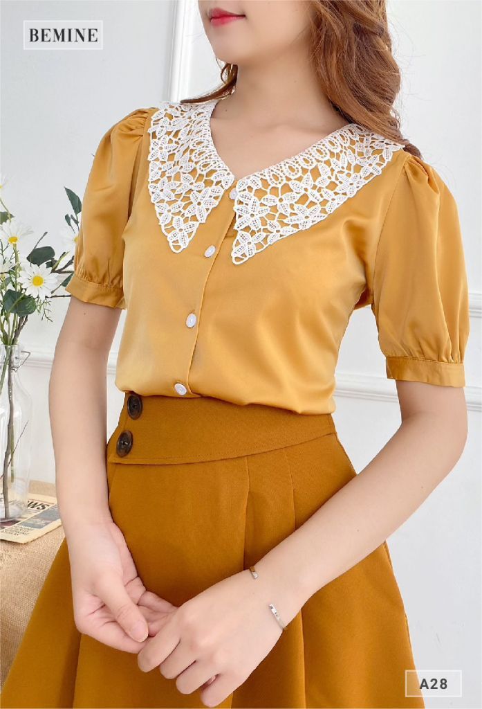 A28VANG - Áo cổ ren nút dọc