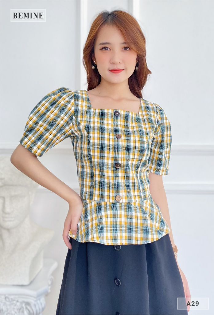 A29CAM - Áo caro tay phồng đuôi cá