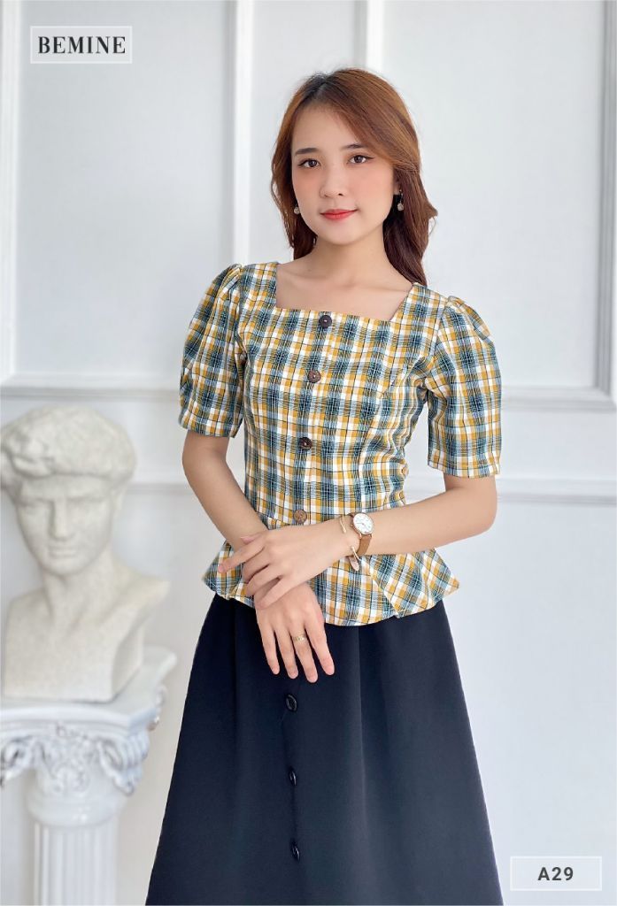 A29CAM - Áo caro tay phồng đuôi cá