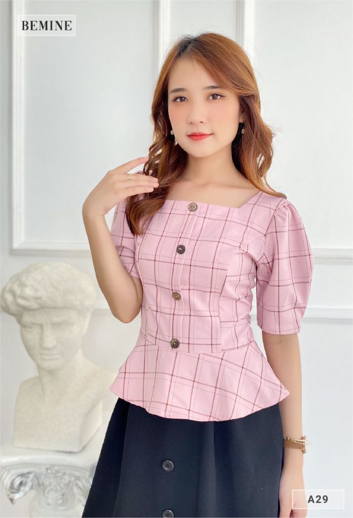 A29HONG - Áo caro tay phồng đuôi cá