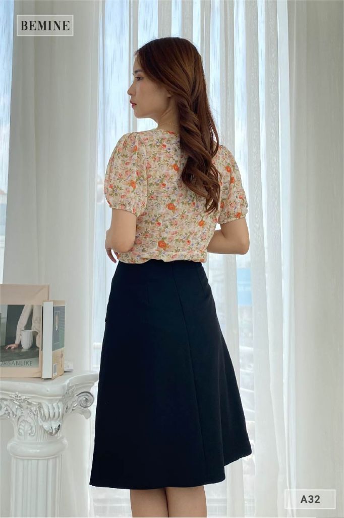 A32HONG - áo bông cổ vuông vạt xòe